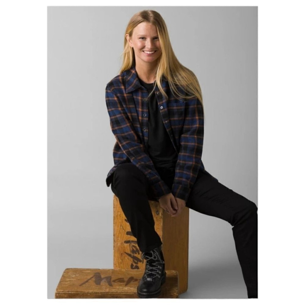 pRana NWT Golden Canyon Long Sleeve Plaid Flannel Shirt Sz S in Rich Sapphire